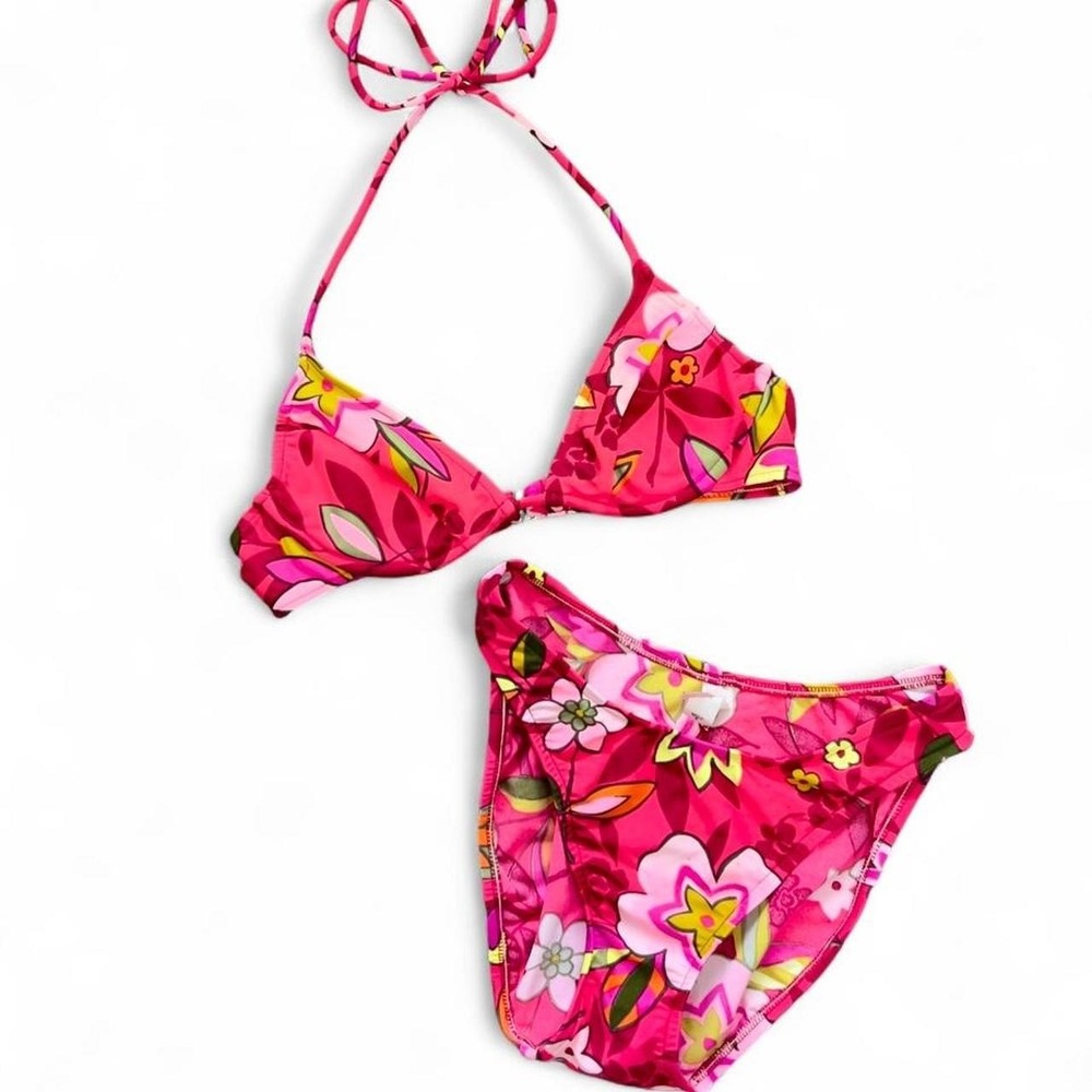 Vintage Y2K Victoria's Secret Pink Floral Bikini Halter Swimsuit Set 2000 36A